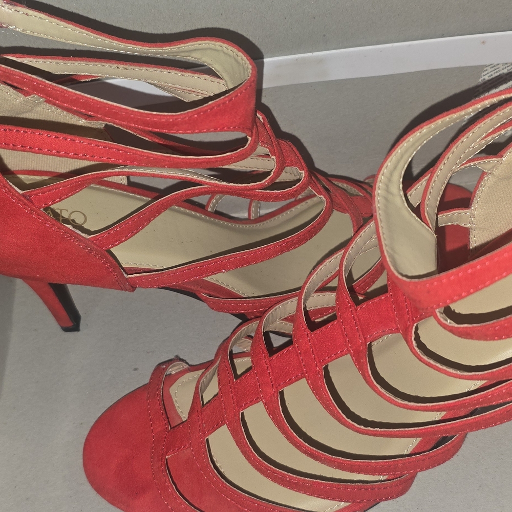 Cato Red Strappy Heels with Suede Finish
